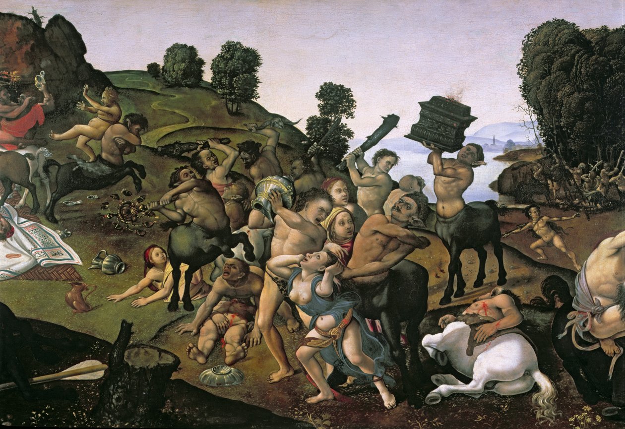Het gevecht tussen de Lapithen en de Centauren, (detail van Centauren die de Lapithen aanvallen) ca. 1490s door Piero di Cosimo