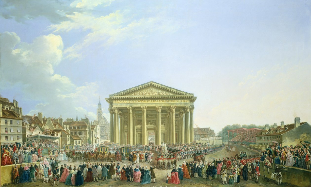 Ceremonie van het leggen van de eerste steen van de nieuwe kerk van St. Genevieve in 1763, 1764 door Pierre Antoine Demachy
