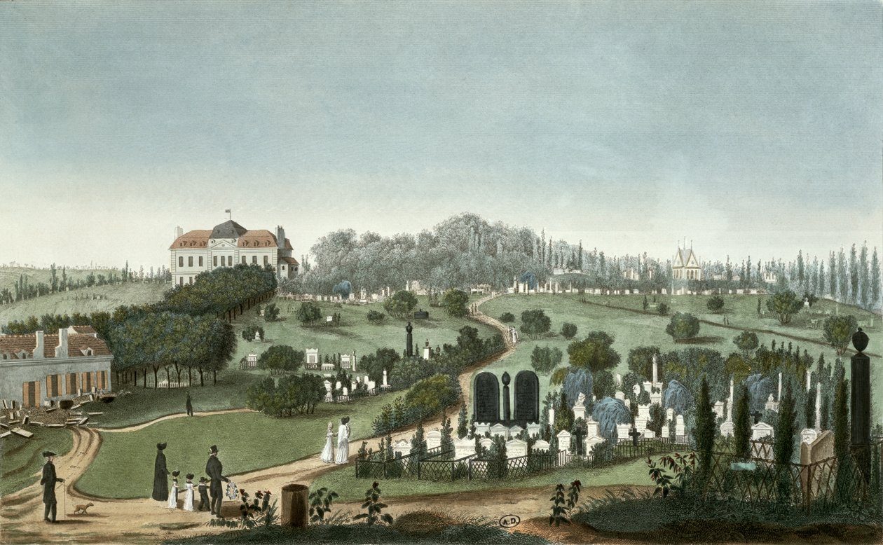 Uitzicht op de begraafplaats Père Lachaise vanaf de ingang, 1815 door Pierre Courvoisier
