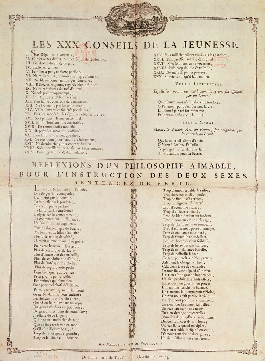 Dertig Stukken Advies voor de Jeugd: Reflecties van een filosoof voor de instructie van beide geslachten, 1794 door Pierre Francois Palloy