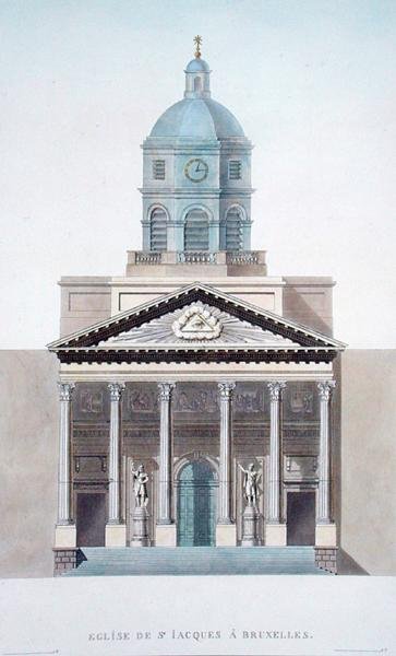 Kerk van St. Jacques, Brussel, uit Choix des Monuments, Edifices et Maisons les plus remarquables du Royaume des Pays-Bas door Pierre Jacques Goetghebuer, gepubliceerd 1827 door Pierre Jacques Goetghebuer