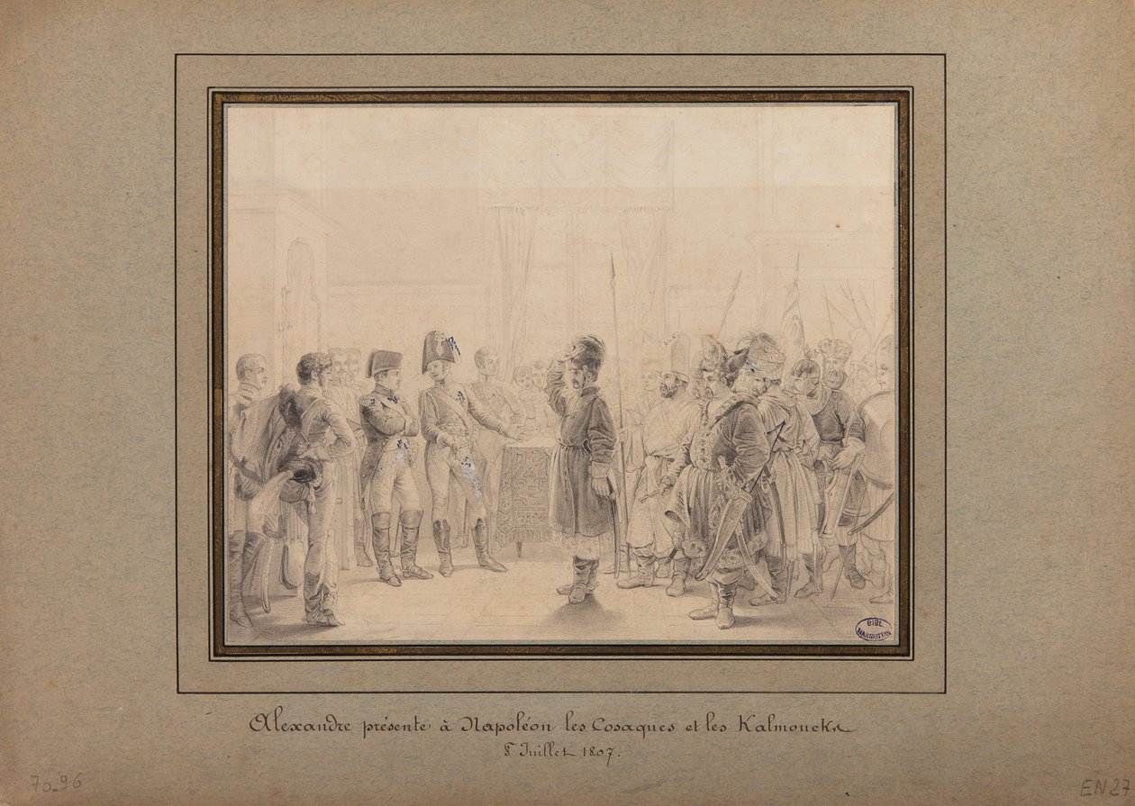 Alexander I presenteert de Kozakken en Kalmukken van het Russische leger aan Napoleon I, in Tilsit, 8 juli 1807 door Pierre Nolasque Bergeret