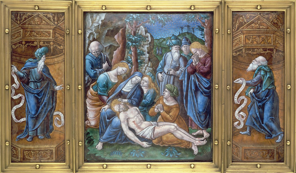 Drieluik: de Klaagzang, Daniël en Sint-Pieter, geschilderd in Limoges, Frankrijk, 1538 door Pierre Raymond