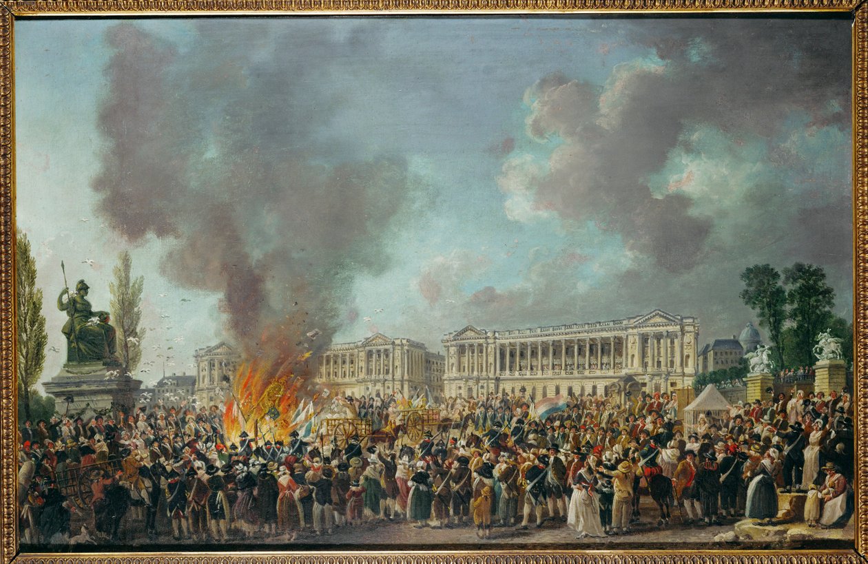De emblemen van de monarchie worden verbrand op de Place de la Concorde ... door Pierre Antoine (attr. to) Demachy