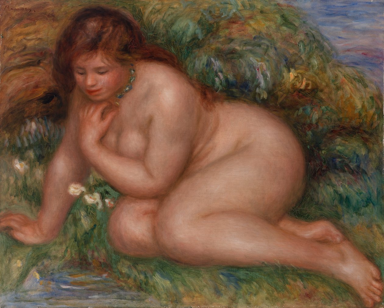 Bader die zichzelf in het water bekijkt door Pierre-Auguste Renoir