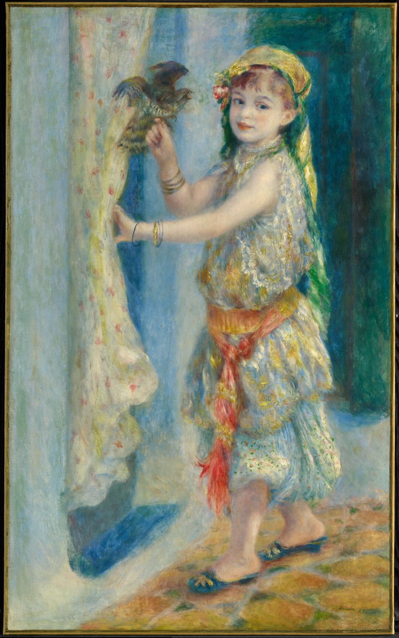 Kind met een vogel (Mademoiselle Fleury in Algerijns kostuum) door Pierre-Auguste Renoir