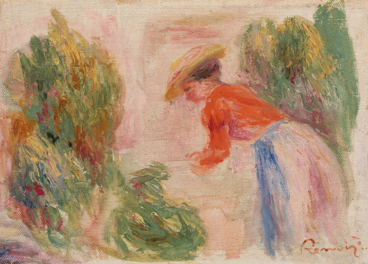 Vrouw die Bloemen Plukt door Pierre-Auguste Renoir