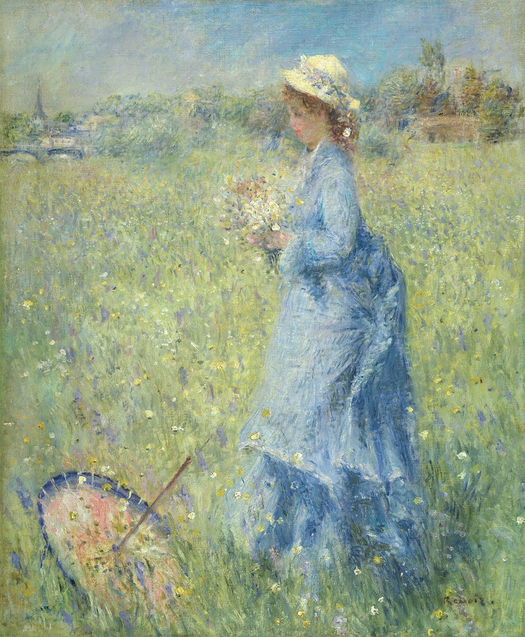 Vrouw die bloemen plukt door Pierre-Auguste Renoir