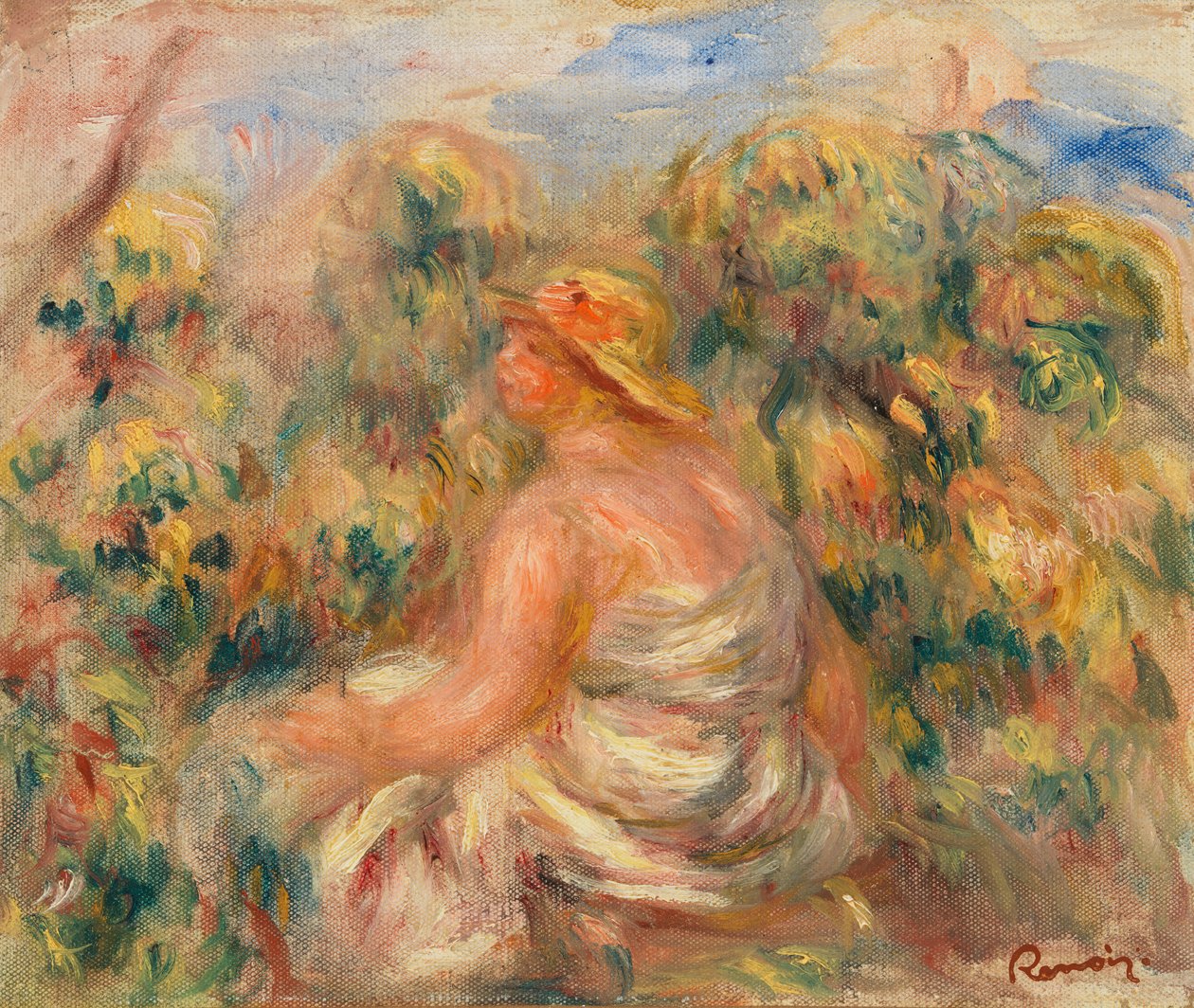 Vrouw met hoed in een landschap door Pierre-Auguste Renoir
