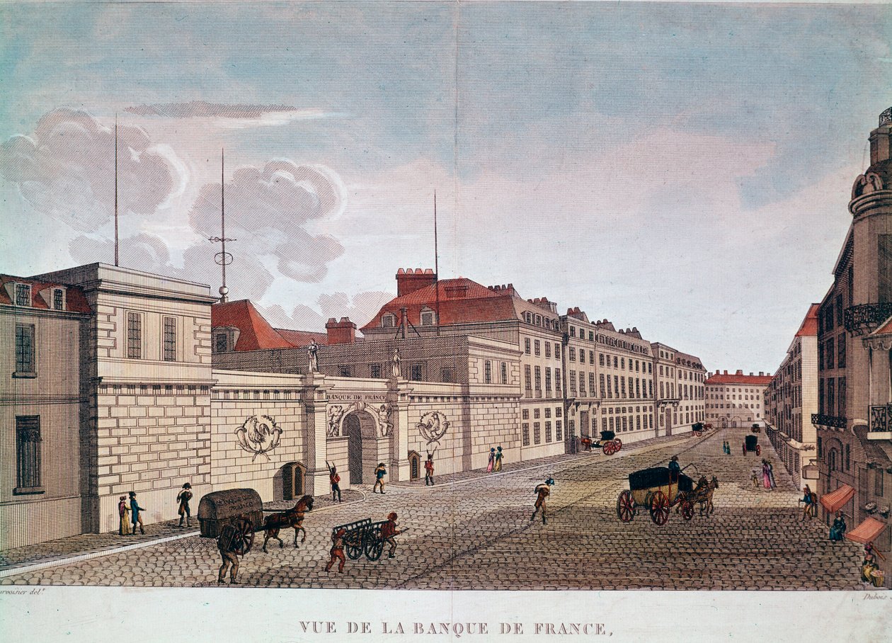 De Bank van Frankrijk vanaf Rue Croix-Petits-Champs in Parijs (gravure) door Pierre (after) Courvoisier