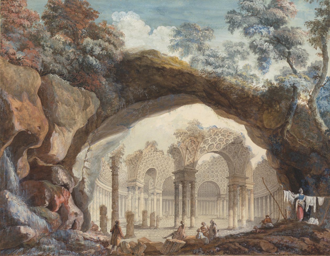 Architectonische Fantasie: Ruïnes van een Cirkelvormige Tempel Gezien door een Natuurlijke Boog door Pierre Adrien Paris