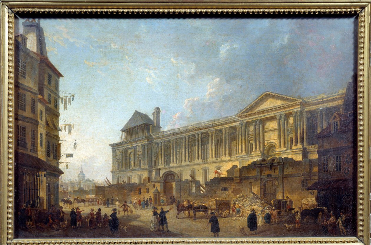Zicht op de zuilengang van het Louvre Straatscène met bouwplaats voor het Palais du Louvre door Pierre-Antoine Demachy