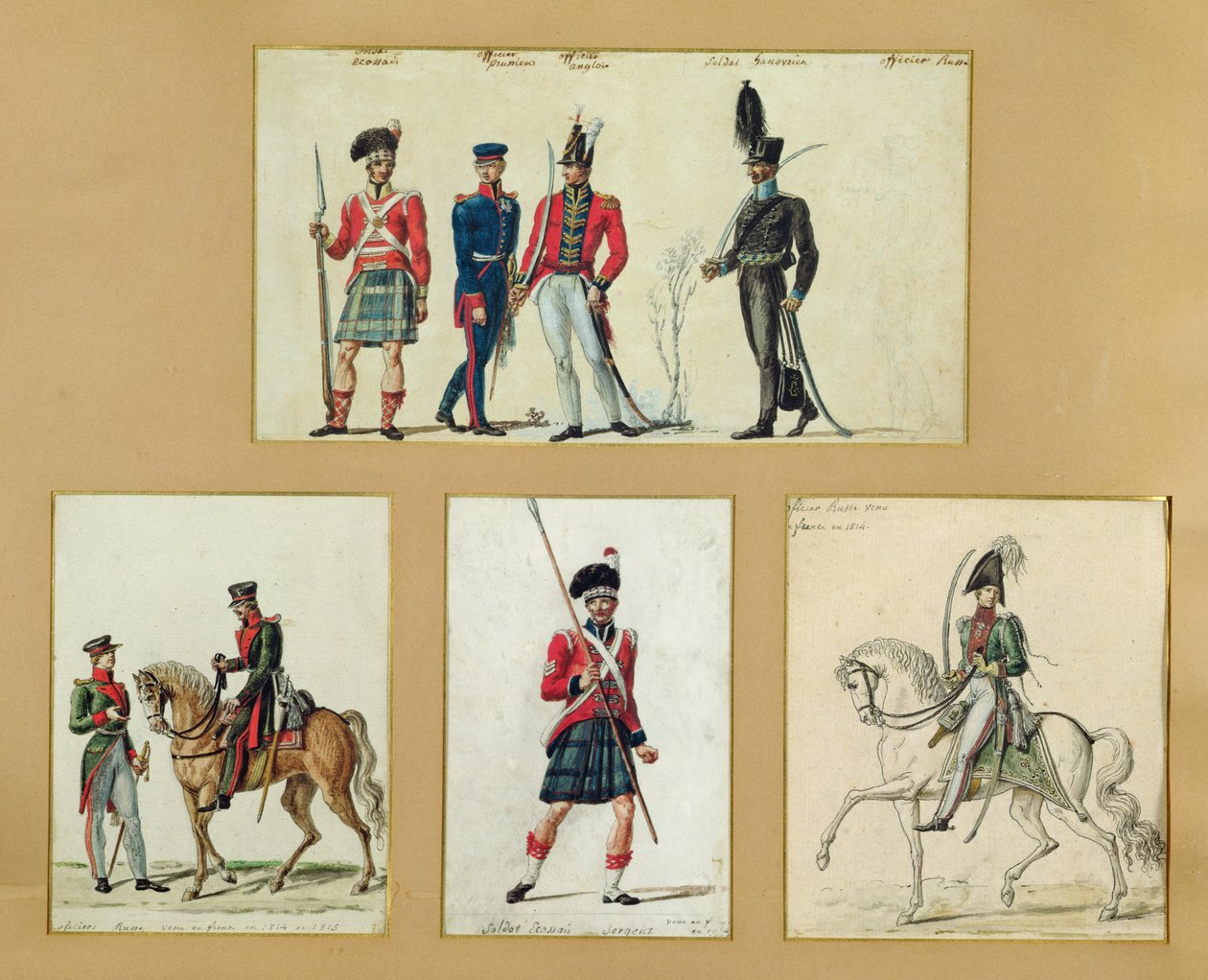 De uniformen van Schotse soldaten en Pruisische, Engelse, Hannoveraanse en Russische officieren in 1814 door Pierre Antoine Lesueur