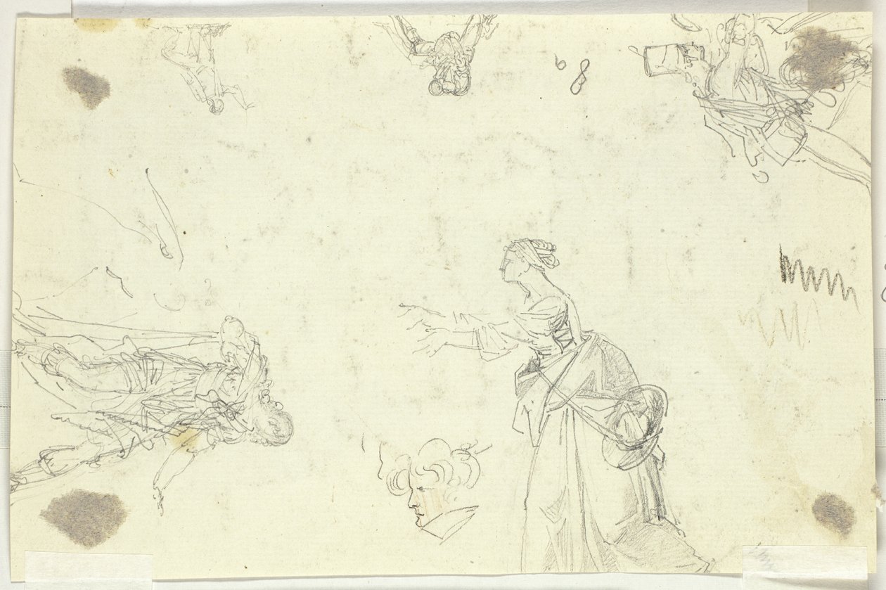Blad met schetsen: Mannen en Vrouwen door Pierre Antoine Mongin