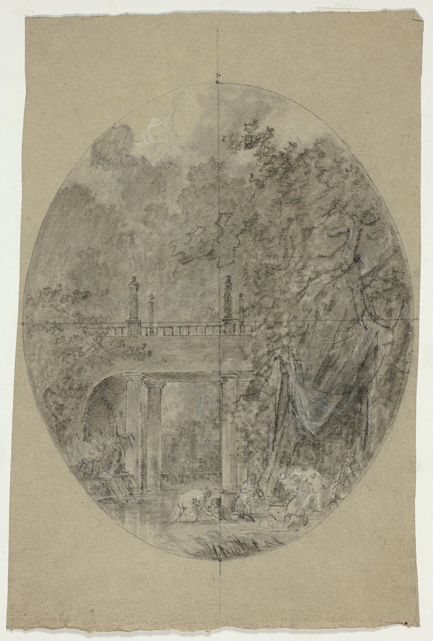 Uitzicht op het park van Versailles: Vrouwen badend onder een brug door Pierre Antoine Mongin