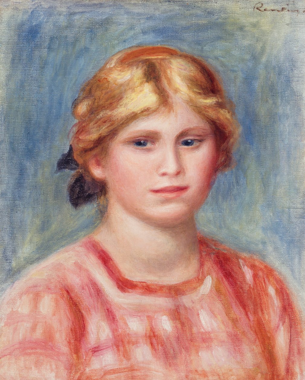 Buste van een vrouw met een roze blouse, 1905 door Pierre Auguste Renoir