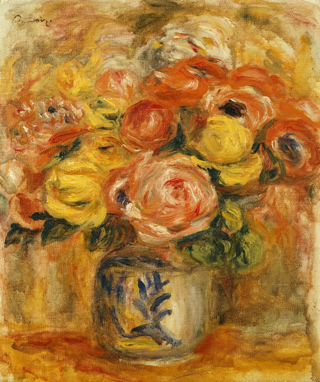 Bloemen in een Blauwe en Witte Vaas, 1915 door Pierre Auguste Renoir