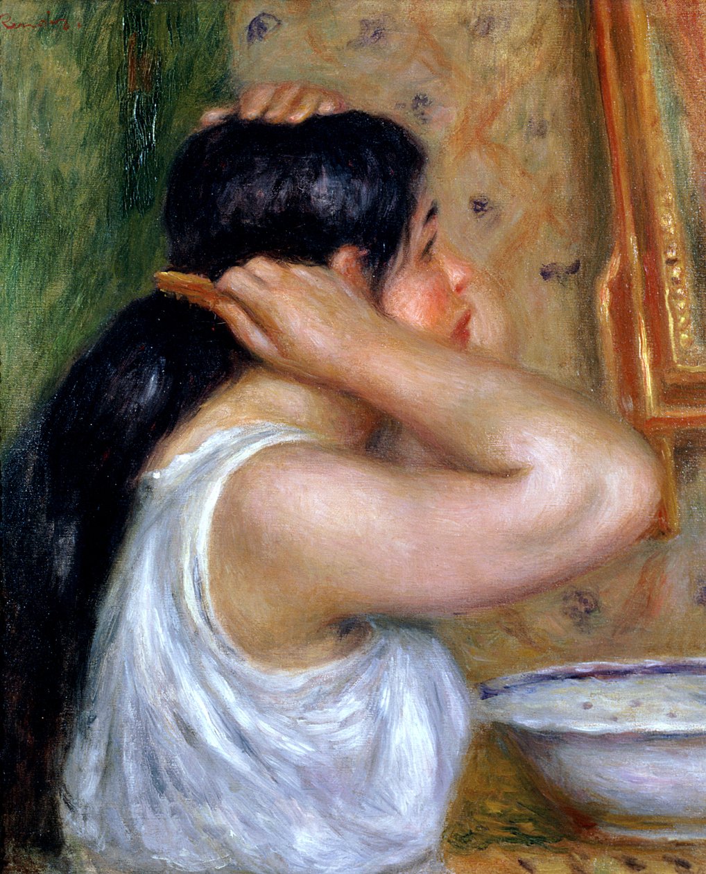 Meisje dat haar Haar Kammt, 1907-8 door Pierre Auguste Renoir