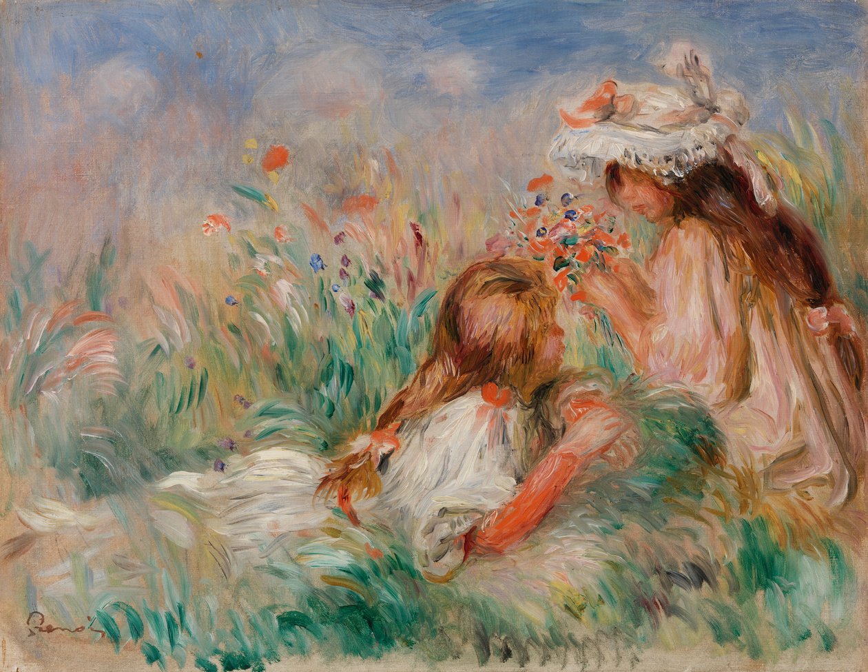 Meisjes in het Gras die een Boeket Schikken door Pierre Auguste Renoir