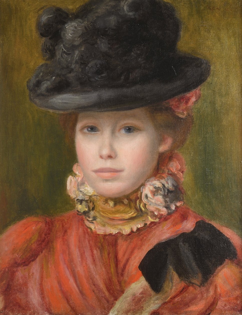 Meisje met zwarte hoed en rode bloemen door Pierre-Auguste Renoir