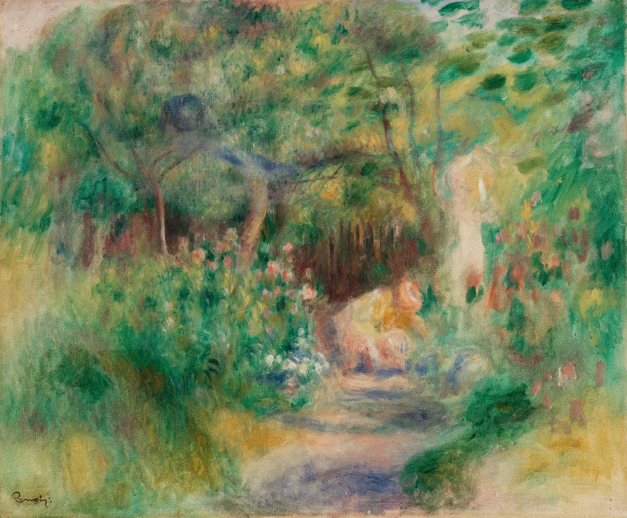 Landschap met vrouw die tuiniert door Pierre-Auguste Renoir