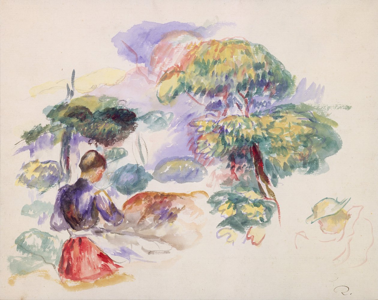 Landschap met een meisje, ca. 1890 door Pierre Auguste Renoir