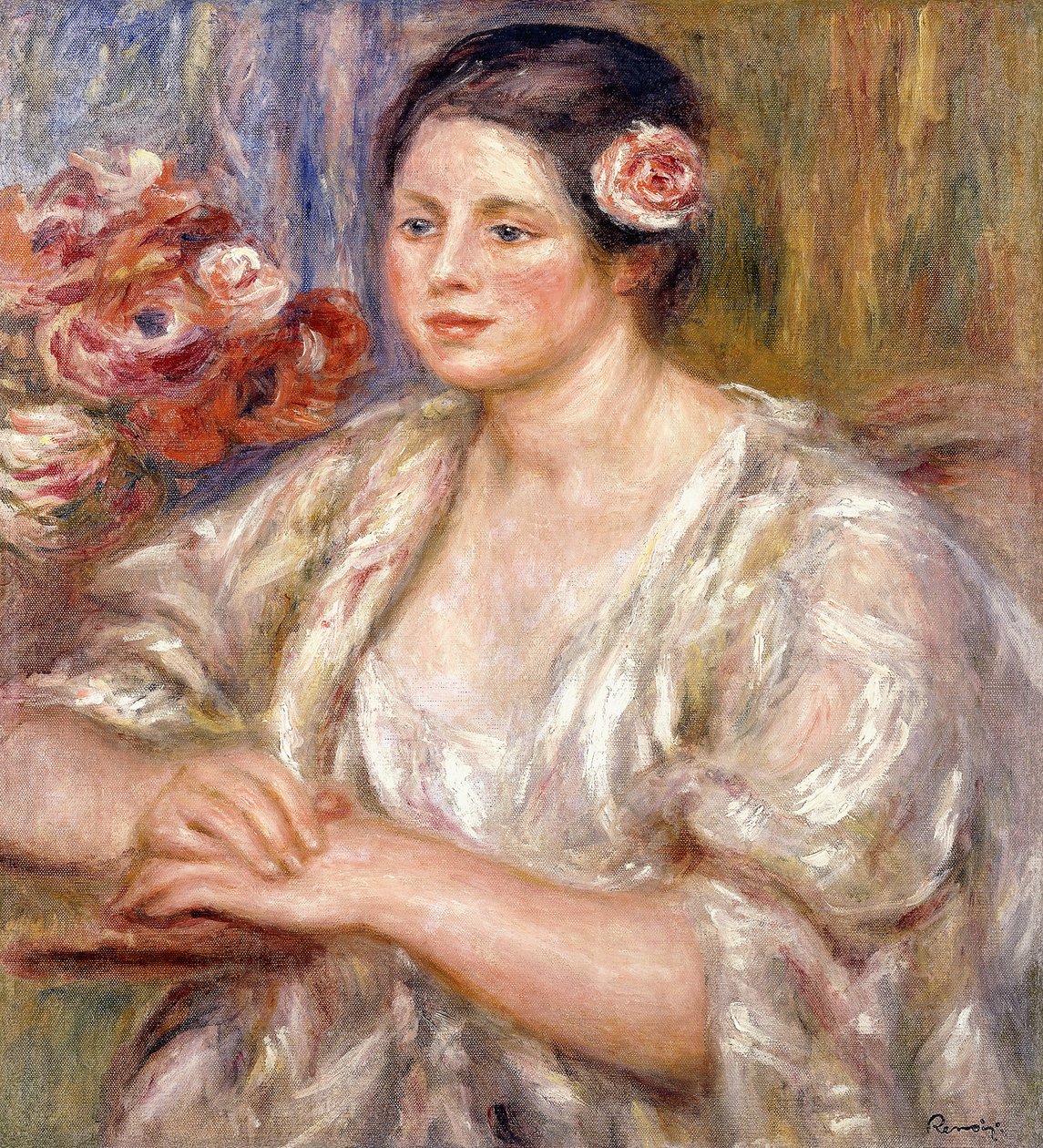 Madeleine in een Witte Blouse en Boeket Bloemen, ca. 1915-1919 door Pierre Auguste Renoir