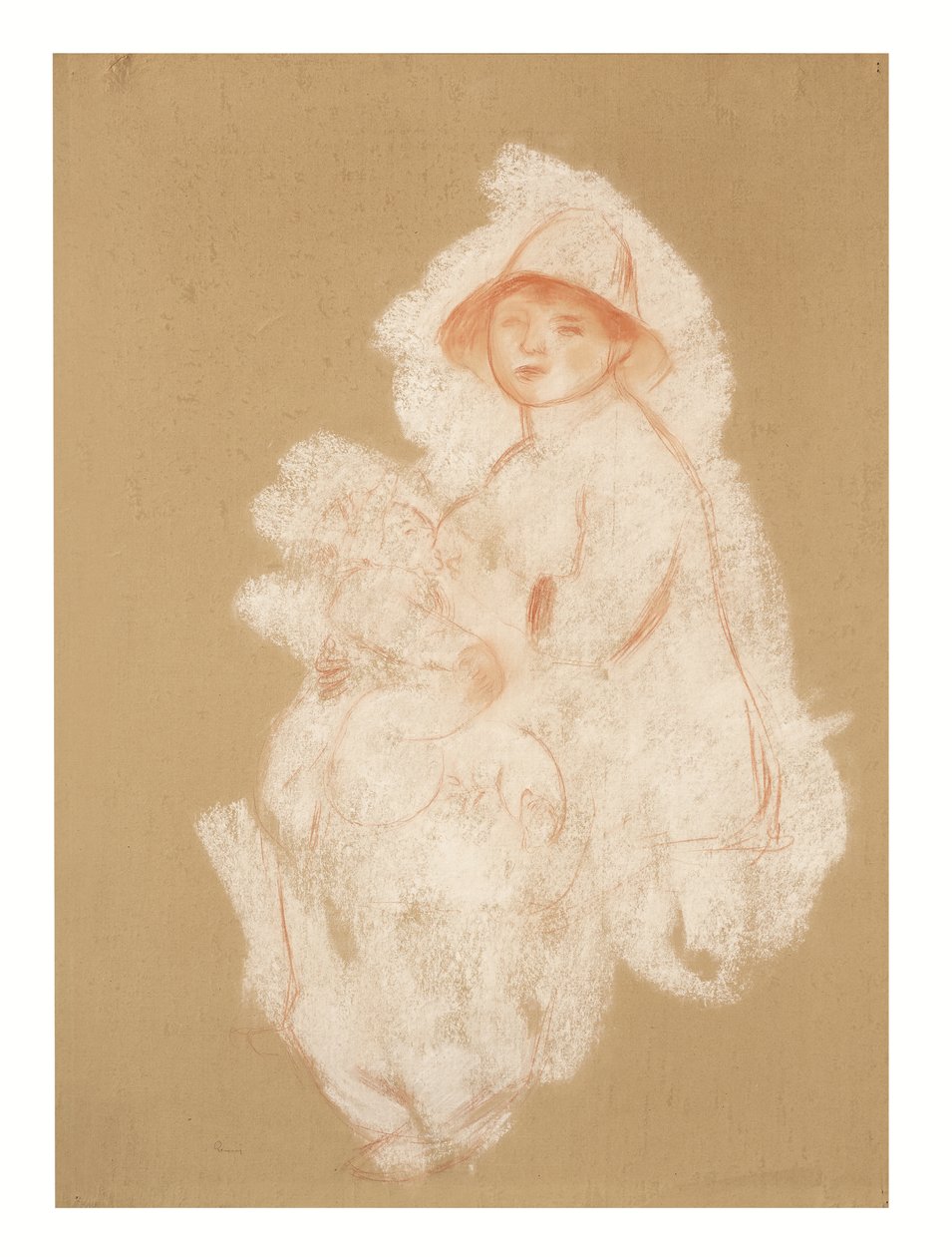 Moeder en kind (moederschap) (sanguine en wit krijt op papier op doek) door Pierre Auguste Renoir