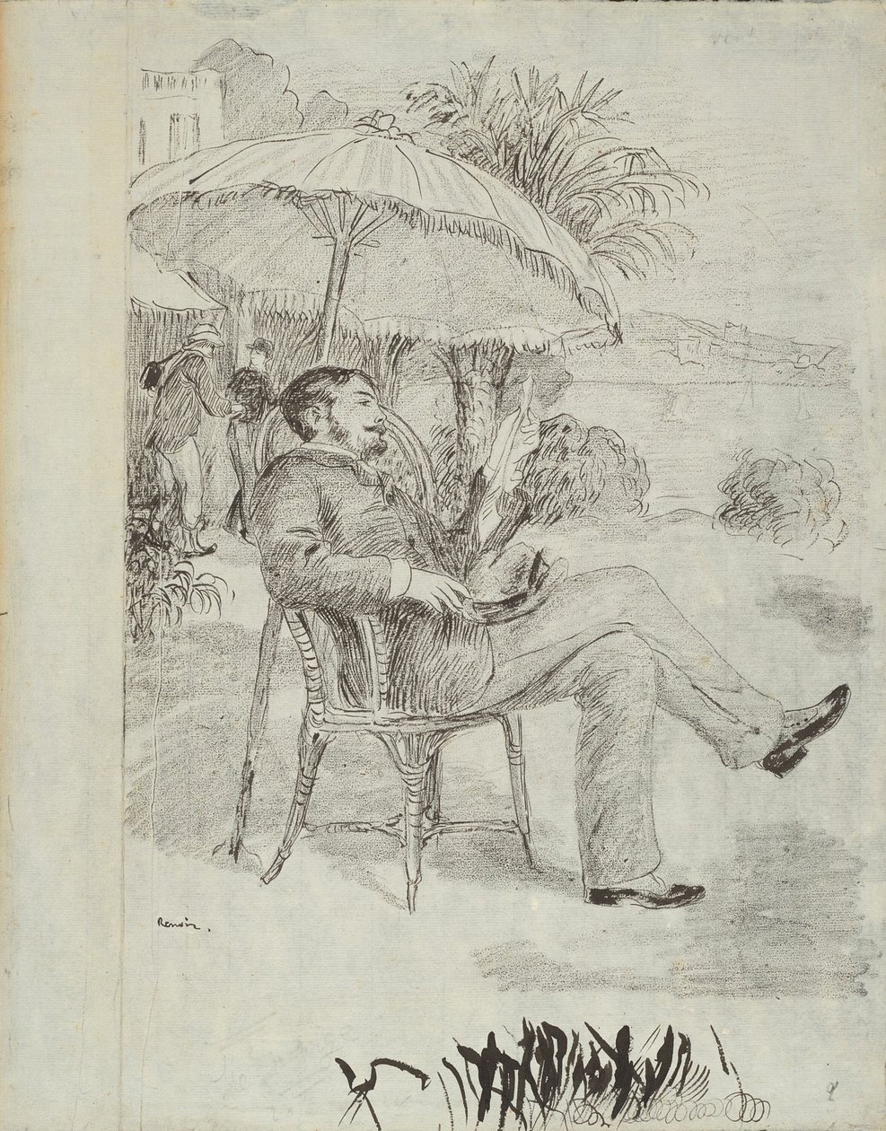 Op het Terras van een Hotel in Bordighera: De Schilder Jean Martin Bekijkt Zijn Rekening (Illustratie voor Edmond Renoir