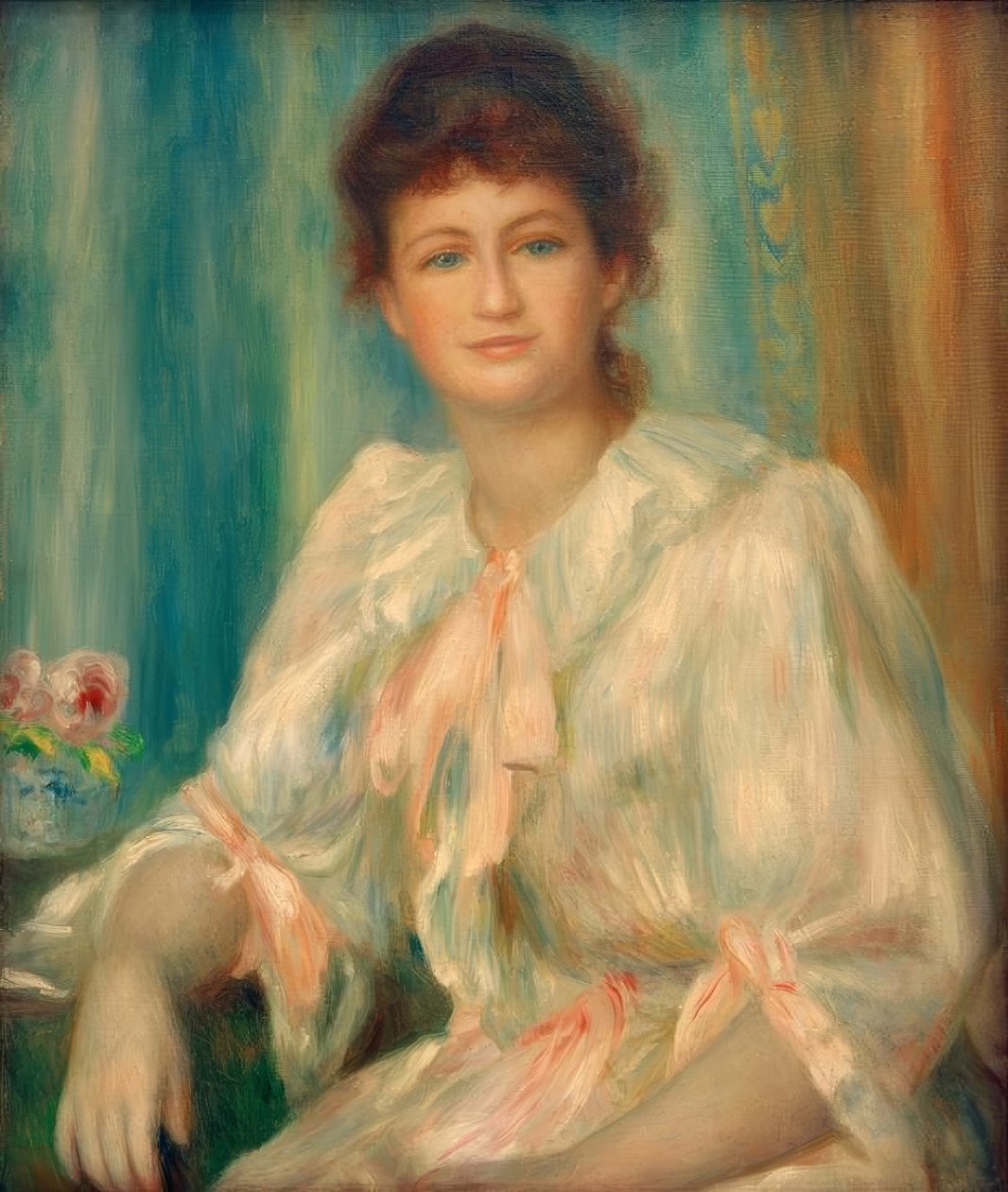 Portret van een jonge vrouw in wit door Pierre Auguste Renoir
