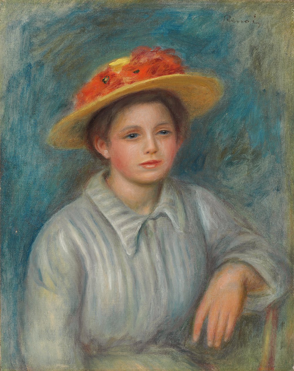 Portret van een vrouw met een hoed met bloemen door Pierre Auguste Renoir
