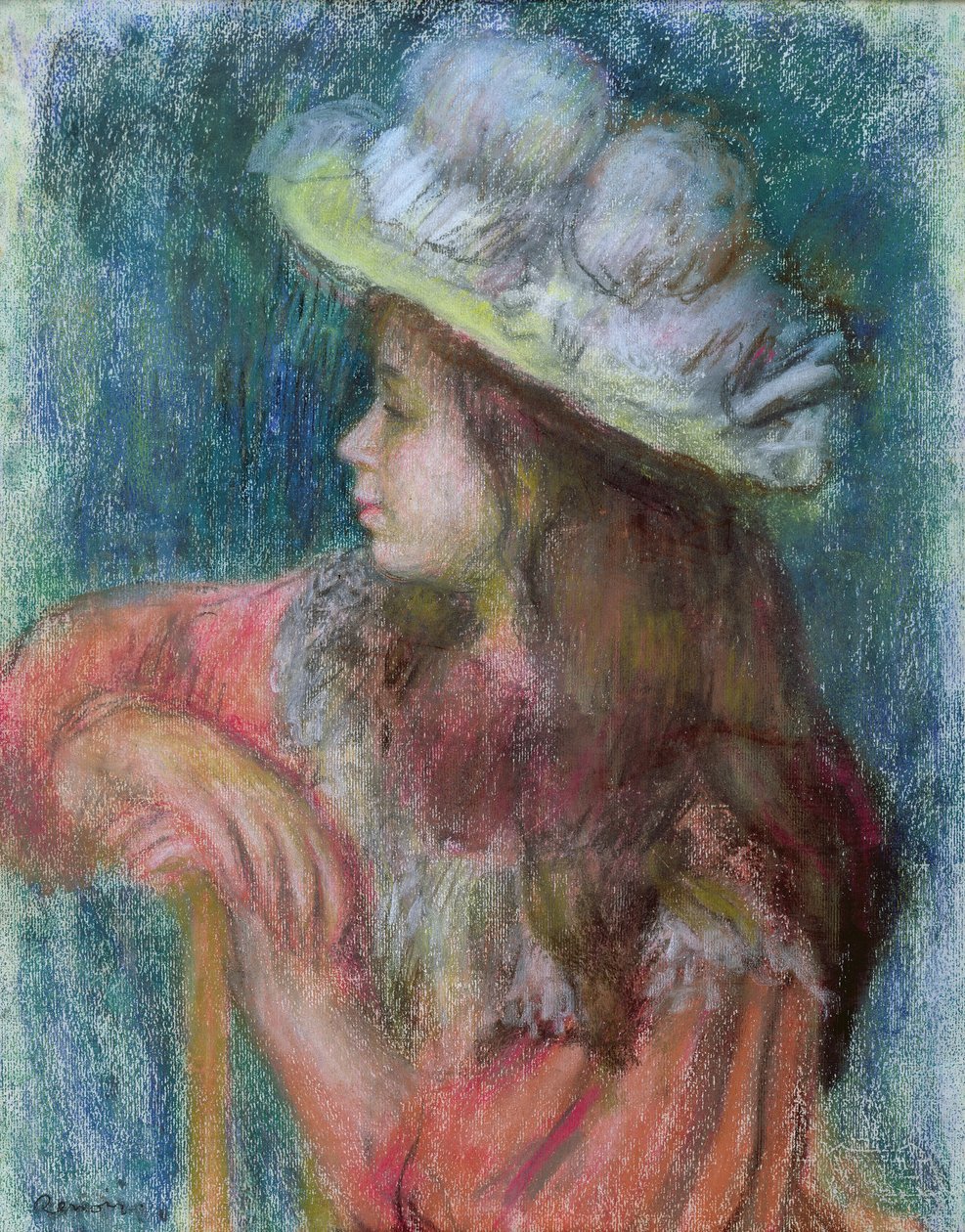 Zittend jong meisje met een witte hoed, 1884 door Pierre Auguste Renoir