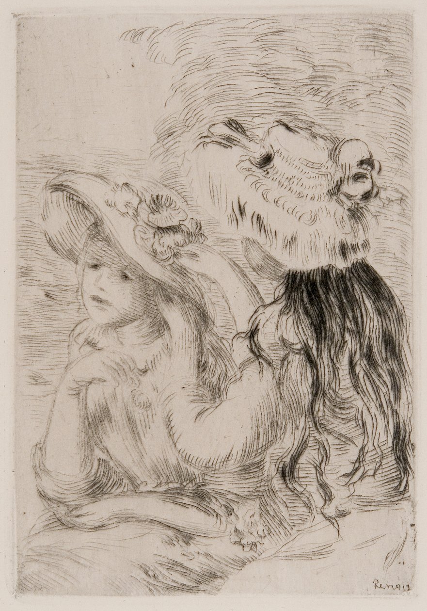 Twee jonge meisjes spelden bloemen op hun hoed, c.1894 (inktgravure op papier) door Pierre Auguste Renoir