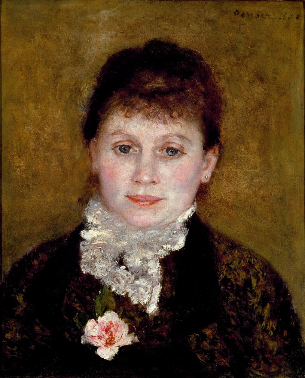 Vrouw met een witte kraag. Portret van een vrouw met een roos door Pierre Auguste Renoir