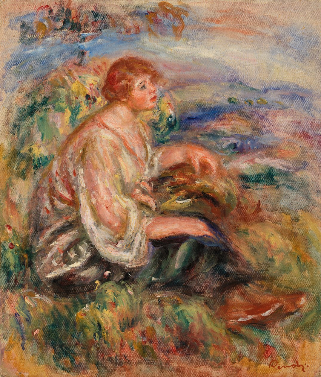 Vrouw in tule blouse en zwarte rok door Pierre Auguste Renoir