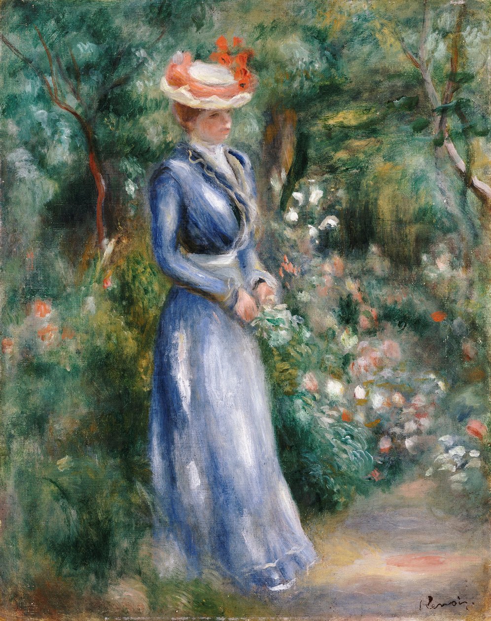 Vrouw in een Blauwe Jurk Staand in de Tuin van Saint-Cloud door Pierre Auguste Renoir