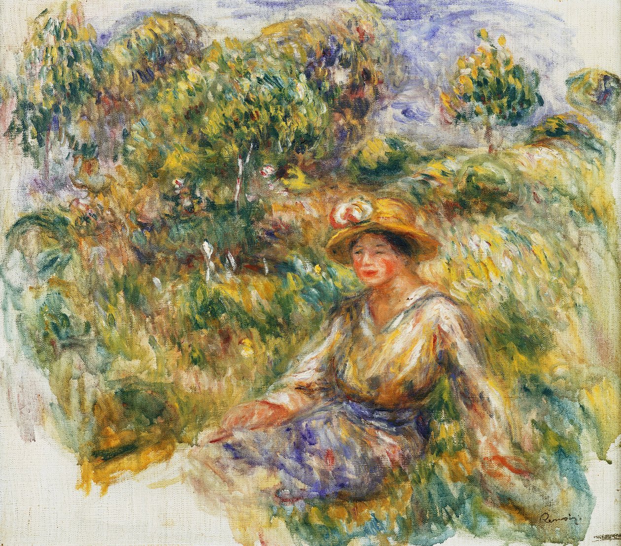 Vrouw in een Blauwe Hoed zittend op het Gras door Pierre Auguste Renoir