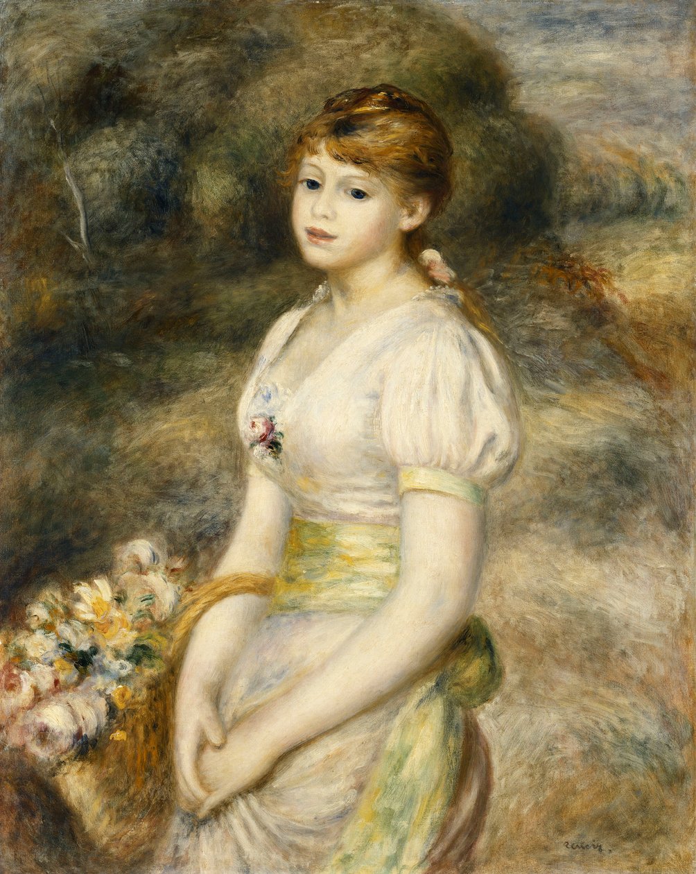 Jong meisje met een mand bloemen door Pierre Auguste Renoir