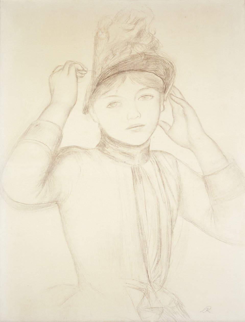 Jonge vrouw die haar hoed schikt; Jeune Fille Arrangeant son Chapeau, ca. 1885 door Pierre Auguste Renoir