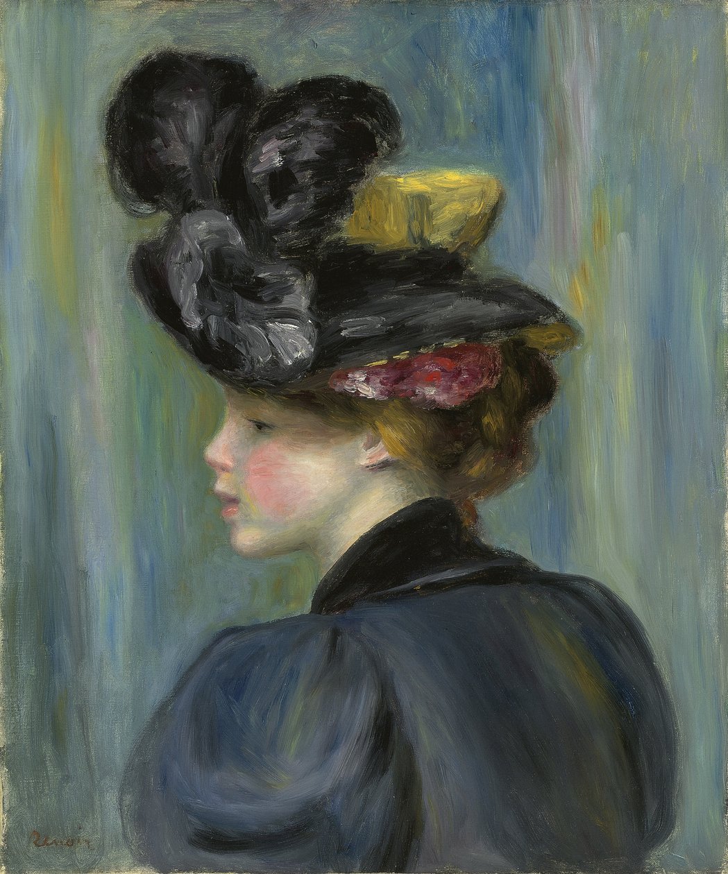 Jonge vrouw met zwarte hoed; Jeune femme au chapeau noir, 1895 door Pierre Auguste Renoir