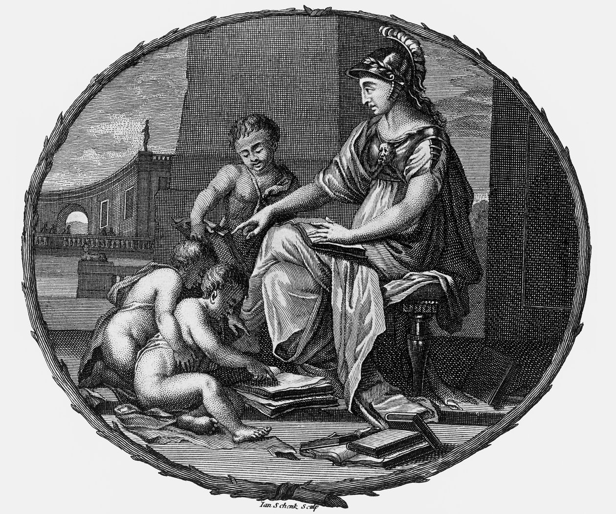 Vrouwelijke allegorie van rede en creativiteit omringd door kinderen,1695-1697 (gravure) door Pierre Bayle
