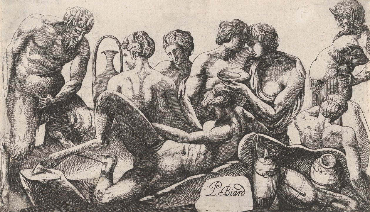 Acht saters en satyresses die een maaltijd beëindigen door Pierre Biard