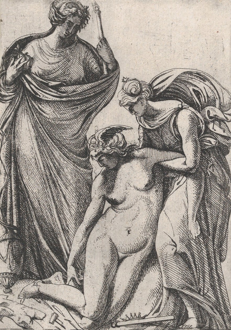 Studie ter ondersteuning van de flauwvallende personificatie van Beeldhouwkunst, staand naast hen, Fran..., 1607-61 door Pierre Biard