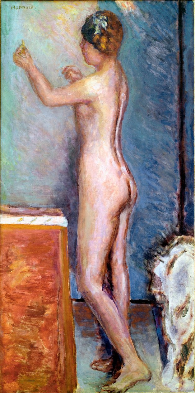 Naakt op blauwe achtergrond door Pierre Bonnard