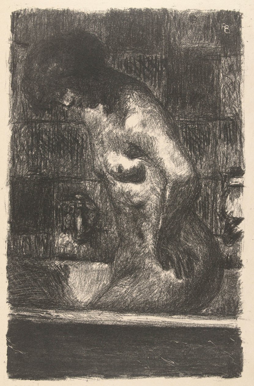Staande naakte vrouw wast zich in bad door Pierre Bonnard