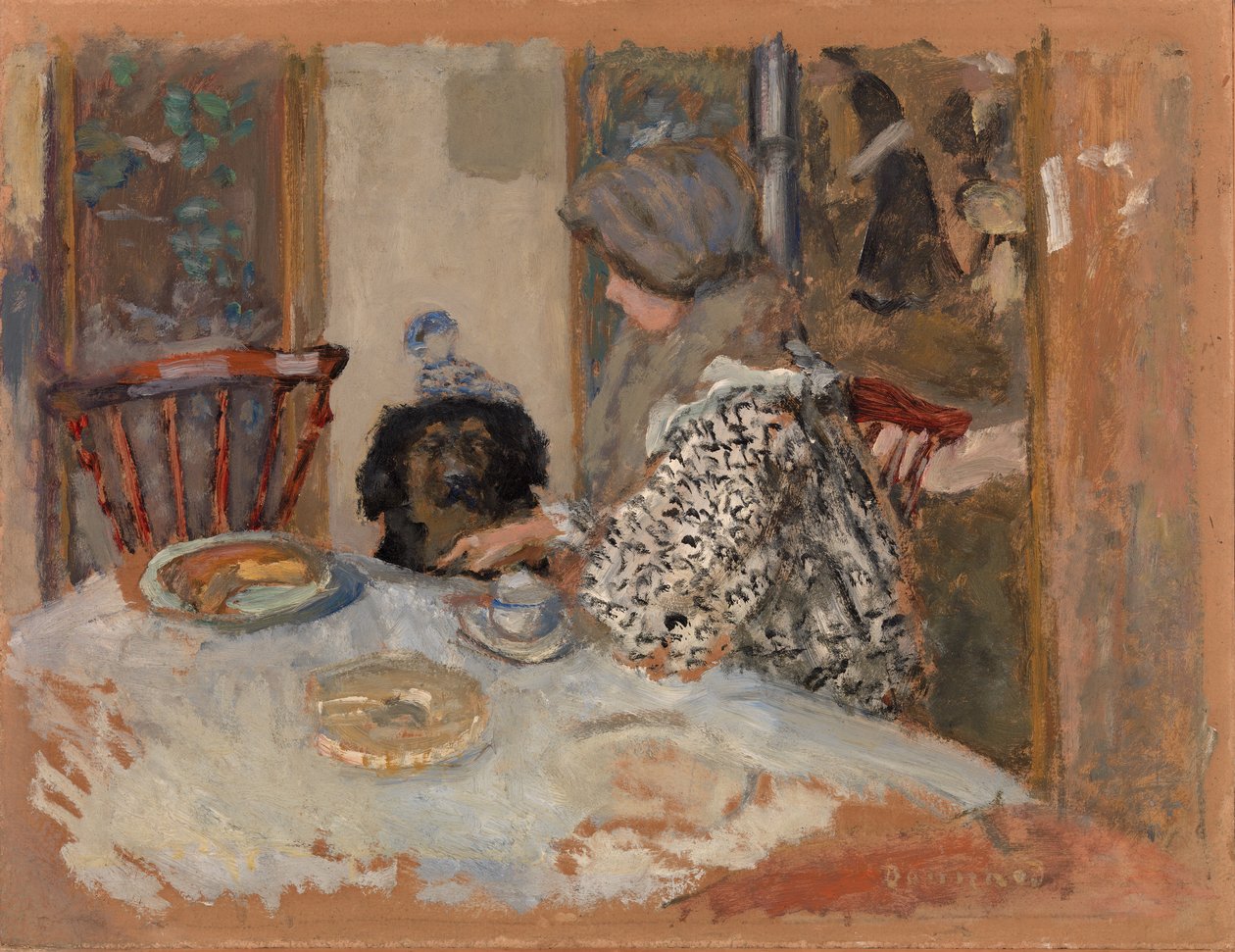 Vrouw met hond, of vrouw en hond aan tafel door Pierre Bonnard
