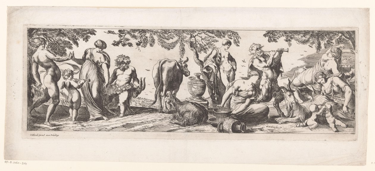 Rustende Silenus en zijn gevolg in een landschap door Pierre Brebiette