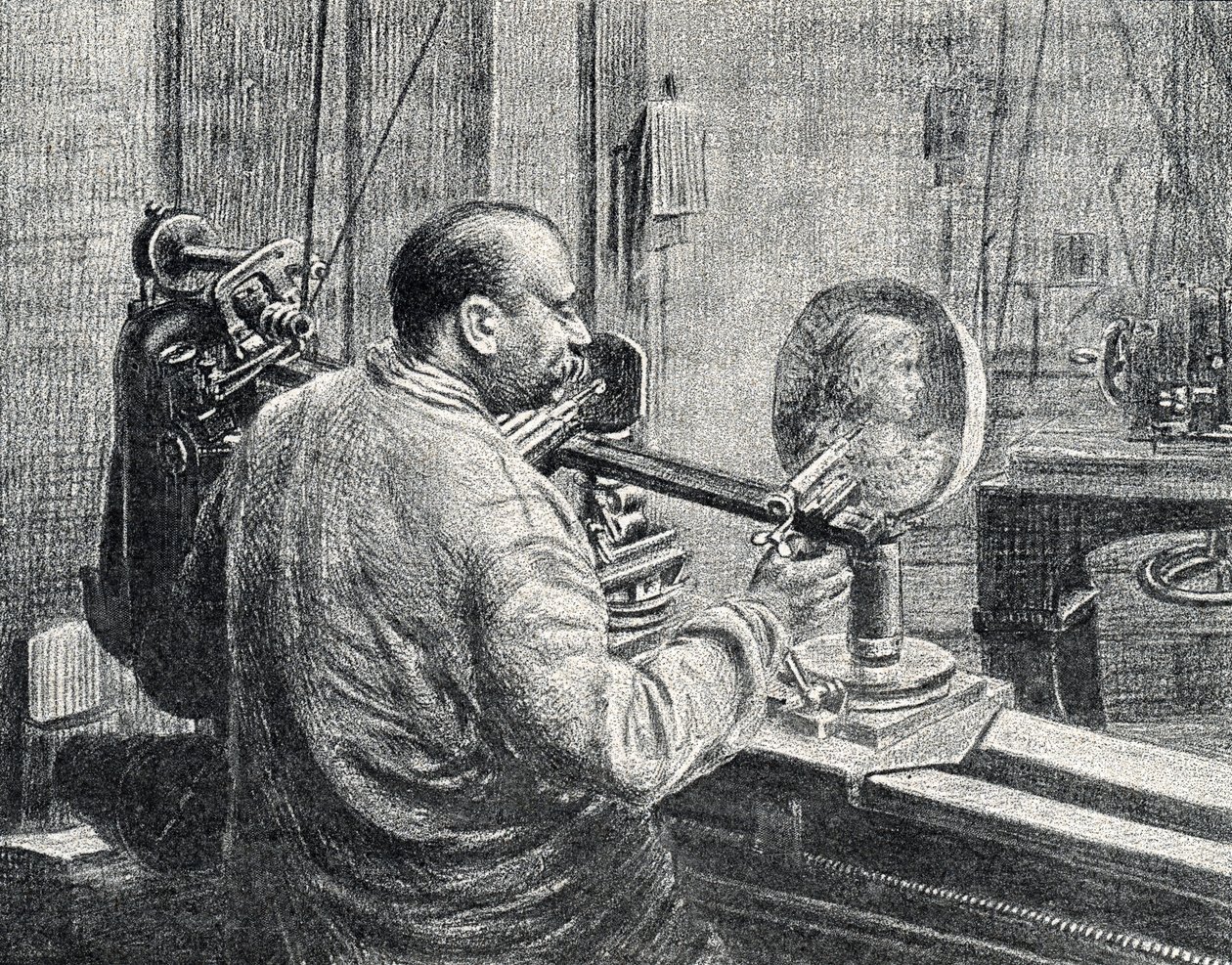 Een medailleur die een soort pantograaf freesmachine gebruikt. Gravure uit 