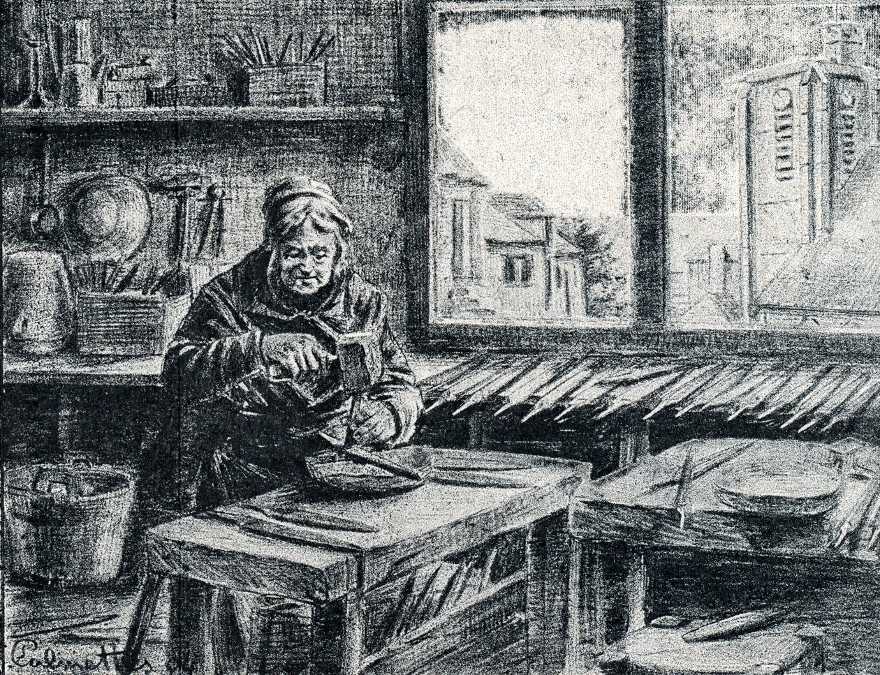 Een arbeider die vijlen maakt. Gravure van Pierre Calmette door Pierre Calmettes