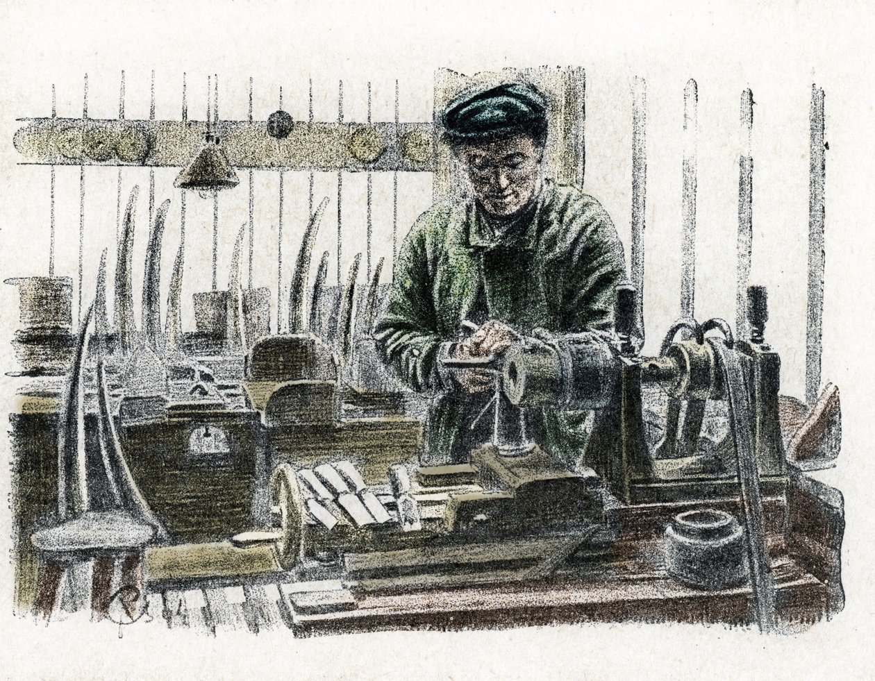 Een ivoorbewerker die olifantenslagtanden snijdt in zijn werkplaats Gravure uit 